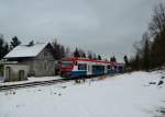 650 563 (VT 63) + 650 565 (VT 65) von der Lnderbahn bei der berfhrungsfahrt von Viechtach nach Zwiesel am 29.01.2013 bei Regen.