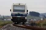 VT 08 der Regentalbahn Typ NE 81 als RB 59990 Lam-Cham, KBS 877 Cham - Bad Ktzting - Lam, fotografiert zwischen Chamerau und Runding am 02.12.2011