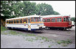 Im BW Waibstadt standen am 26.6.1993 die SWEG Altbau Triebwagen MAN VT 7 und Esslingen VT 112 fotogen im Freigelände.