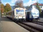SWEG VT 125 der Achertalbahn und SWEG VT 127 aus Endingen stehen am Nachmittag des 24.10.11 im Bahnhof Ottenhfen im Schwarzwald.