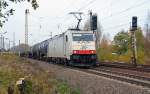 186 138 der ITL zog am 28.10.11 einen Kesselwagenzug durch Leipzig-Thekla Richtung Engelsdorf.