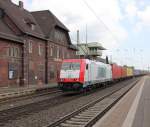 185 650-9 mit Containerzug in Fahrtrichtung Sden. Aufgenommen am 08.05.2013 in Eichenberg.