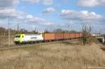 145 095-6 Captrain Deutschland GmbH für ITL - Eisenbahngesellschaft mbH mit einem Containerzug in Stendal(Wahrburg) und fuhr in Richtung Salzwedel nach Hamburg weiter. 14.02.2014