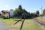 Blick in den Bahnhof Benndorf mit abgestellten Rollmaterial der MaLoWa, am 30.09.2023 in Klostermansfeld.