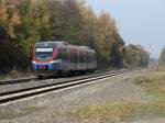 Die mittlerweile entklebte PEG (Prignitzer Eisenbahn; RB 51 Enschede-Dortmund Hbf), erreicht gerade Bork/Westfalen. 06.11.2011.