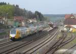 445 109 der ODEG durchfährt am 04. April 2014 den Bahnhof Kronach in Richtung Lichtenfels.