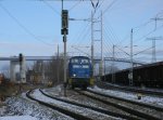 Am 24.Januar 2013 wartete die PRESS 346 025 am Ausfahrsignal in Stralsund Rgendamm.