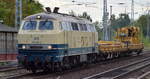 Railsystems RP mit 218 480-2 (9280 1 218 480-2 D-RPRS) und zwei Drehgestell-Flachwagen der EIFFAGE RAIL am 12.09.18 Berlin-Hirschgarten.