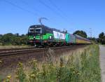 193 832 der ELL für Rurtalbahn Cargo mit der Wagenlok 185 607 und einem ARS-Autotransportzug in Fahrtrichtung Süden. Aufgenommen bei Eystrup am 23.07.2014.