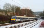 NOB-Garnitur und ein ABomz der Press geschoben von 185-CL 003 als RE13 fr die Eurobahn auf dem Weg nach Mnchengladbach. Wuppertal - Sonnborn 4.2.2010