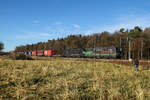 193 265 und ES 64 F4-037 vor einem Güterzug bei Eglharting am 8.12.16. Hier noch ein Bahnknipser.
