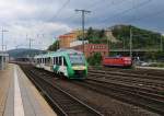 VT 261 der Vectus Bahn und parkende 181 209-8 in Koblenz Hbf. Aufgenommen am 13.07.2014.