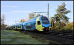 ET 606 der Westfalenbahn erreicht hier am 8.11.2019 um 10.45 Uhr auf der Fahrt nach Braunschweig den Haltepunkt Hörstel.