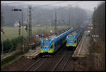 Zugkreuzung der ET 016 und ET 019 der Westfalenbahn am 26.2.2007 um 10.28 Uhr im Bahnhof Natrup Hagen. Der links stehende ET 016 ist auf dem Weg nach Osnabrück. Der Gegenzug fährt nach Münster in Westfalen.