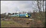 Westfalenbahn ET 603 ist hier am 12.02.2023 um 13.09 Uhr in Westerkappeln-Velpe unterwegs nach Braunschweig.