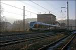 FlinkerLeichterNahverkehrsTriebzug der ABELLIO beschleunigt als ABR99616, (RE16  Ruhr-Sieg-Express ) von Essen Hbf nach Siegen, aus dem Bahnhof Werdohl Richtung Plettenberg. (18.12.2007)
