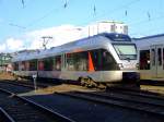 Im Hbf Siegen abgestellter ET 22 003-A (2-teiliger Stadler Flirt) der Abellio Rail NRW am 04.09.2010, die Aufnahme ist aus dem Sdwestflische Eisenbahnmuseum gemacht worden.