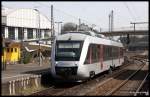 Ein 648 der Abellio, VT 12 1102-1, erreicht am 12.04.2015 aus Solingen kommend den Bahnhof Wuppertal - Oberbarmen.