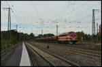 Altmark-Rail 1131 (NOHAB MY 1131) beförderte am 13.10.2024 Seitenkippwaggons von Bebra nach Nürnberg Rbf über die Siebenbogenbrücke in Fürth/Bay.