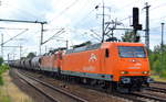 AMEH Trans - ArcelorMittal Eisenhüttenstadt Transport GmbH, Eisenhüttenstadt mit 145-CL 001 [NVR-Number: 91 80 6145 081-6 D-EKO] mit 143 001 (80 6143 001-6 D-EKO) und Staubgutzug (UN-Nr.: 40/1361 = Steinkohlestaub) am 25.06.18 Bf. Flughafen Berlin-Schönefeld.