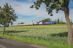 BeLog 192 077 + 159 238 mit Sandzug von Sachsendorf nach Nürnberg am 08.06.2024 in Schönach, zwischen Neumark und Reichenbach.