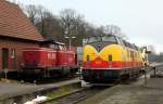 Die stärkste Diesellok bei der Bentheimer Eisenbahn, Lok  Coevorden , hatte am 3.2.2015 im Bentheimer Bahnhof eine Zusammentreffen ebenfalls mit einer ehemaligen DB Lok.