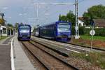 Auf Grund der Elektrifizierung der Sdbahn und der damit verbundenen Streckensperrung zwischen Friedrichshafen und Ravensburg verkehrt die Bodensee-Oberschwaben-Bahn nicht auf ihrer Stammstrecke zwischen Friedrichshafen und Aulendorf sondern auf der Bodenseegrtelbahn zwischen Friedrichshafen und Lindau. Am 16.09.2020 begegnen sich im Bahnhof Nonnenhorn die BOB-Triebwagen VT 66 (650 356) und VT 68 (650 358) als RE 75775, Friedrichshafen - Lindau, im Bild auf dem linken Gleis, und VT 64 und VT 69 als RB 75806, Lindau - Friedrichshafen.