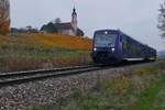 Zugfarbenvielfalt unterhalb der Wallfahrtskirche Birnau (|) - Zwei Oberschwaben in Baden. VT 69 (650 359) und VT 64 (650 354) der Bodensee-Oberschwaben-Bahn befinden sich am 06.11.2020 als RB 75782 auf der Fahrt von Friedrichshafen nach berlingen-Therme.