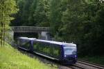 Die VT 64 und 67 der BOB sind auf dem Weg nach Aulendorf und befahren gerade den Streckenabschnitt zwischen Meckenbeuren und Oberzell, 05.07.10