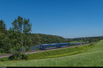 Eine BOB RegioShuttle-Doppeltraktion fährt am 8. August 2016 bei Meckenbeuren in Richtung Friedrichshafen. Auffällig ist die im Vergleich zu Bild 960634 leicht andere Farbgebung ohne weisse Türumrahmung. Diese dient der besseren Erkennbarkeit der Türen für sehbehinderte Personen und wurde noch nicht bei allen Triebwagen angebracht.