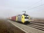 Die ES 64 U2-096 mit einem Containerzug am 15.03.2012 unterwegs bei Hattenhofen.