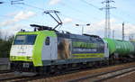 Captrain/ITL 185 532-9 mit ihrer tollen Stellenausschreibung und Kesselwagenzug am 01.02.18 Bf. Flughafen Berlin-Schönefeld.