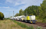 275 120 der RBB schleppte am 15.09.19 einen Silozug durch Muldenstein nach Bitterfeld.