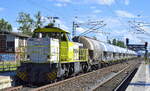 Regiobahn Bitterfeld Berlin GmbH, Bitterfeld mit der Mak G 1206 Lok  1123  (NVR:  92 80 1275 120-4 D-RBB ) und einem Güterzug Staubgutwagen + Schüttgutwagen mit Schwenkdach am 12.06.24