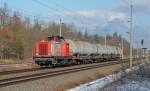 V 133 der RBB zog am 10.02.13 einige Kesselwagen durch Burgkemnitz Richtung Bitterfeld.