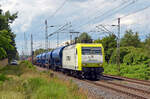 145 094 der Captrain schleppte am 14.07.24 einen gemischten Güterzug durch Wittenberg-Labetz Richtung Falkenberg(E).