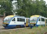 Zugbegegnung auf der eingleisigen Strecke im Bahnhof Krzewina Zgorzelecka am 09.07.2003, links VT 614 nach Cottbus, rechts VT 616 nach Zittau.