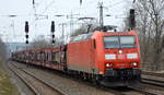 DB Cargo AG [D] mit  185 181-5  [NVR-Nummer: 91 80 6185 181-5 D-DB] und einem Leerzug PKW-Transportzug am 26.03.21 Durchfahrt Bf.