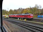 Die DB Cargo Ludmilla 233 176-7 ( 9280 1233 176-7 D-DB ) und eine Schwesterlok abgestellt in Marktredwitz am 27.10.2023