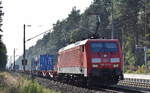 DB Cargo AG, Mainz mit ihrer  189 016-9  [NVR-Nummer: 91 80 6189 016-9 D-DB] und einem schwachausgelastetem Containerzug am 17.09.24 Höhe Bahnhof Jänschwalde Ost.