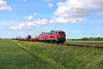 DB 218 322-6 und 218 836-5 ziehen am 31.05.2022 einen SyltShuttle von Westerland kommend, hier zwischen Lehnshallig und Niebüll.