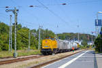 Spritzzug mit zwei Lok’s der BR 203 haben den Endbahnhof Sassnitz erreicht, nach dem Fahrtrichtungswechsel geht die Fahrt zurück bis Lietzow .Von dort  wird die „Spritztour“ bis