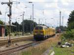 218 392 der DB Netz AG am 14.08.2014 mit einem Messzug im Bahnhof Grimmen. 