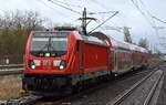 DB Regio AG - Region Nordost, Fahrzeugnutzer: Regionalbereich Berlin/Brandenburg, Potsdam mit ihrer  147 009  (NVR:  91 80 6147 009-5 D-DB ) und der RB 32 nach Oranienburg am 15.01.24 Einfahrt im