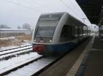 Auf der Fahrt von Stralsund nach Barth hielt der UBB 646 112,am 02.Februar 2014,im Bahnhof Velgast.