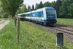 Auf der Fahrt von München nach Lindau zieht 223 069 die Wagen des ALX 84134 in der Nähe von Opfenbach am Fotografen vorbei.