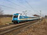 Die 183 004 mit dem ALEX nach Mnchen am 12.03.2011 unterwegs bei Hagelstadt. 