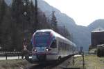 BLB - Flirt - Triebwagen ET 132 von Berchtesgaden kommend in Richtung Bad Reichenhall unterwegs bei der Ausfahrt aus Hallthurm  26.3.10