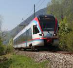 Berchtesgadener Land Bahn als BLB84214 von Berchtesgaden Hbf nach Freilassing fotografiert bei Piding am 22.04.2011