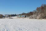 Die Werbevogtlandbahn der Baureihe 650 auf dem Weg von Adorf nach Plauen an einem schönen Wintertag bei Kürbitz.